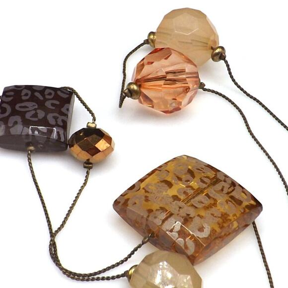 Brown Topaz Long Lucite Art Bead Necklace, 60" Length, Metal Chain - Picture 9 of 13